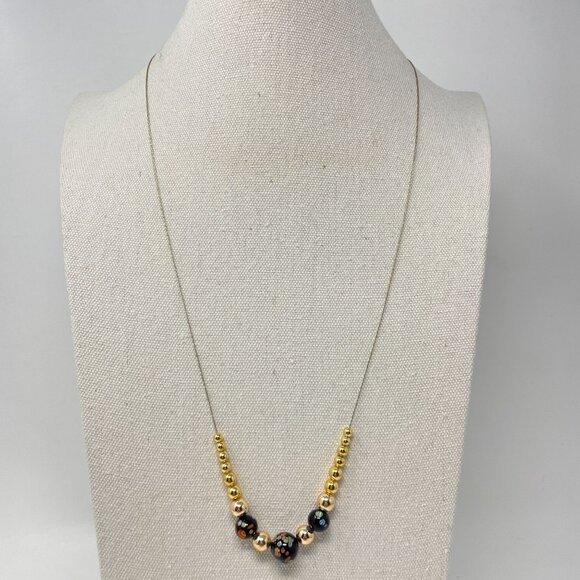 Murano Glass Millefiori Bead Necklace Long Black Gold-Tone Dainty Simple Minimal - Picture 1 of 9